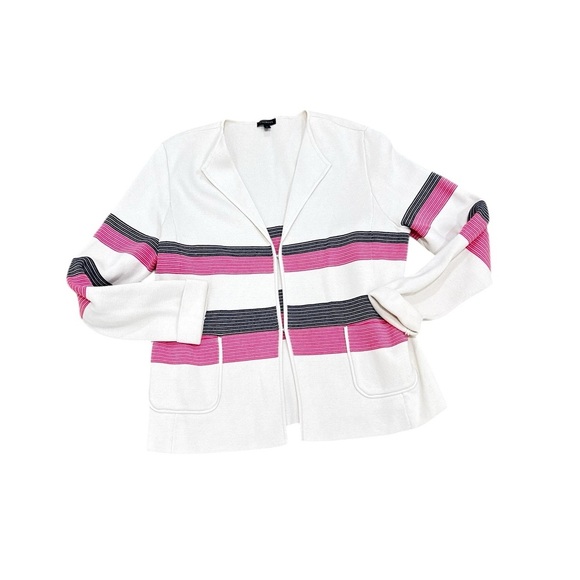 Talbots Cream Knit pink black stripe Sweater jacket hand pockets size large - Picture 3 of 11